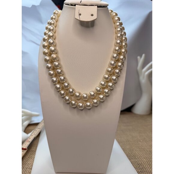 Signed JAPAN Double Strand Faux Pearl Necklace With Rhinestone Clasp - 20" Elega - Picture 3 of 12